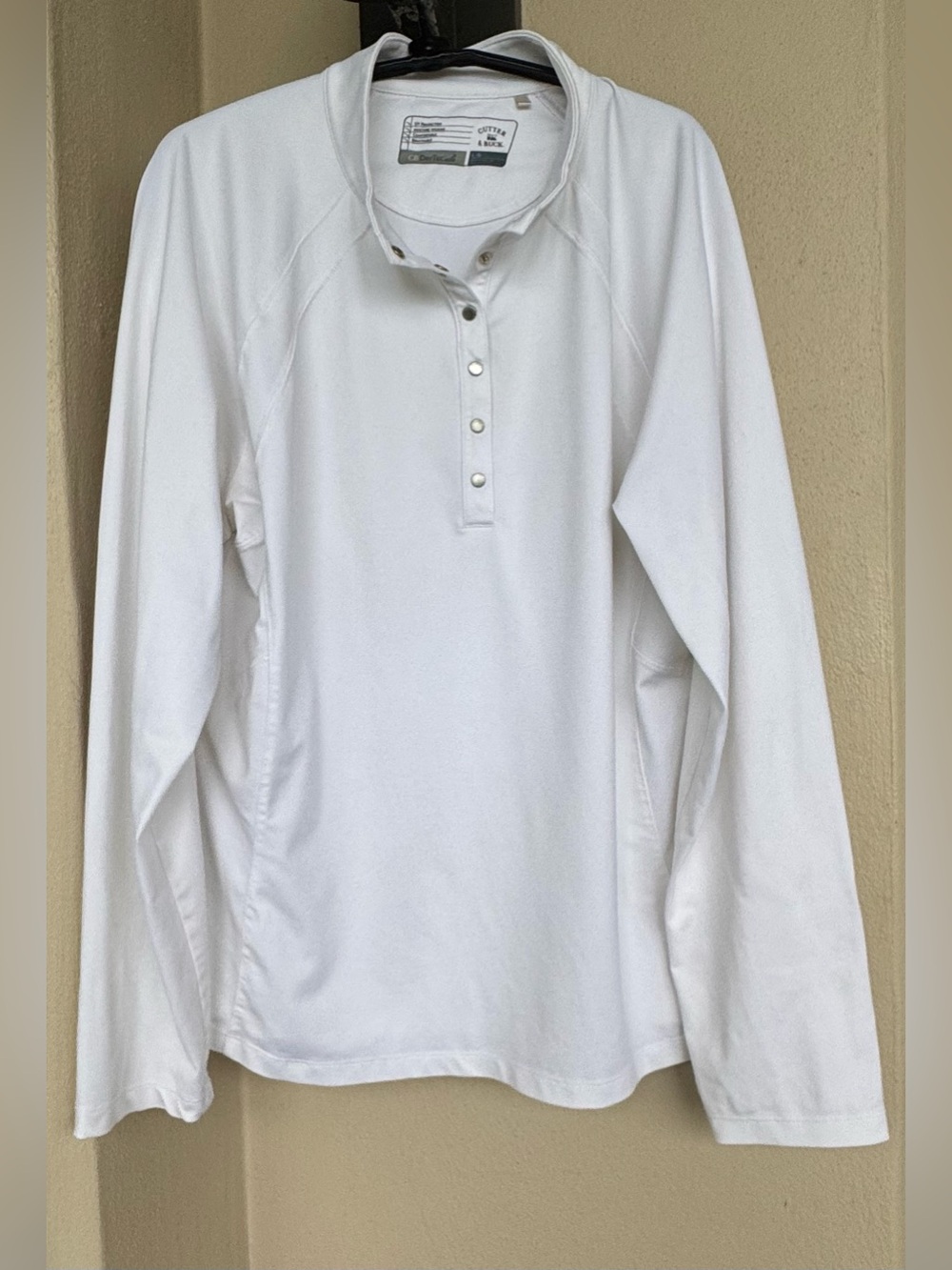 Cutter & Buck CB DryTec Long Sleeve Henley White Shirt UV Moisture Wicking Large